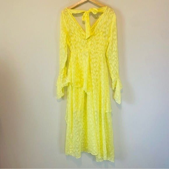 ASOS Yellow Leopard Tiered Long Sleeve Open Slit Midi Dress Size 2 - Picture 7 of 9